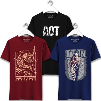 Attack On Titan Logo, Levi Ackerman & Eren Yeager Titan Combo T-Shirts (Pack of 3)