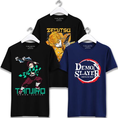 Demon Slayer Logo, Zenitsu Agatsuma & Tanjiro Kamado Combo T-Shirts (Pack of 3)