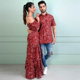Red Hibiscus Couple Cotton Dress