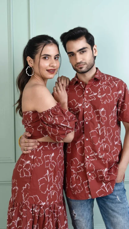 Red Hibiscus Couple Cotton Dress - Image 3