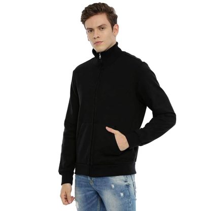 Plain Black High Neck Cotton Zipper Jacket - Image 2