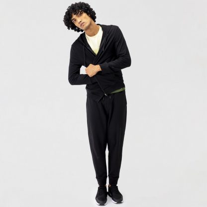 Plain Black Cotton Joggers With Zip Pocket - Image 3