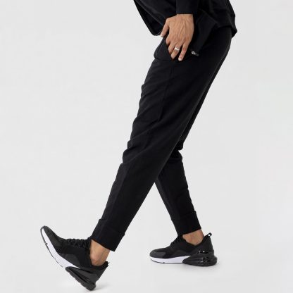 Plain Black Cotton Joggers With Zip Pocket - Image 2
