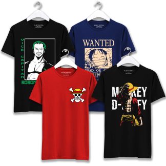 One Piece – Monkey D. Luffy, Straw Hat, Zoro & Wanted Poster Combo T-Shirts (Pack of 4)